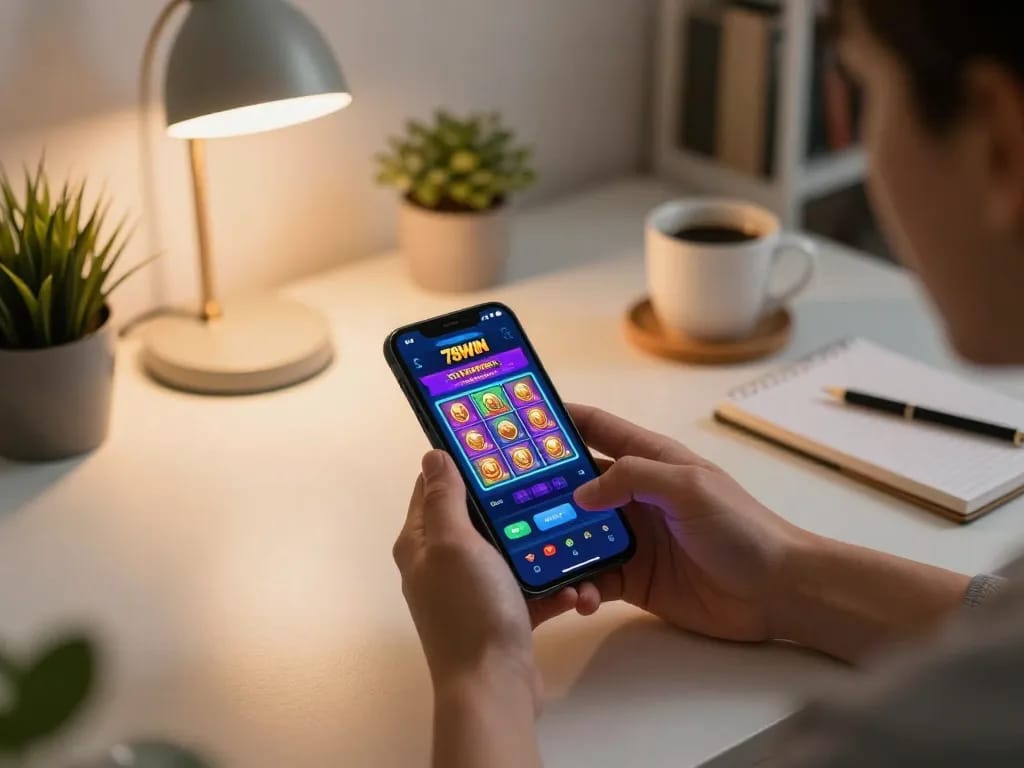 Engaging with the competitive 78WIN casino app on a smartphone in a cozy home setting.