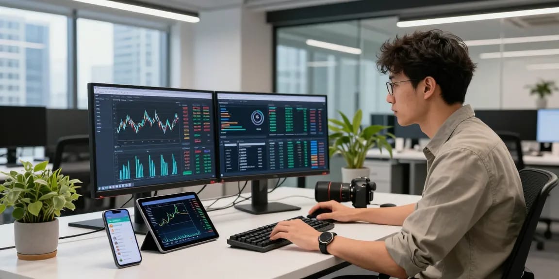 Developers using a free market data API in a modern tech workspace with financial data on screens.
