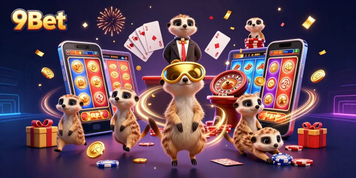Engage in the lively 9Bet casino scene featuring meerkats managing games and colorful slot action.