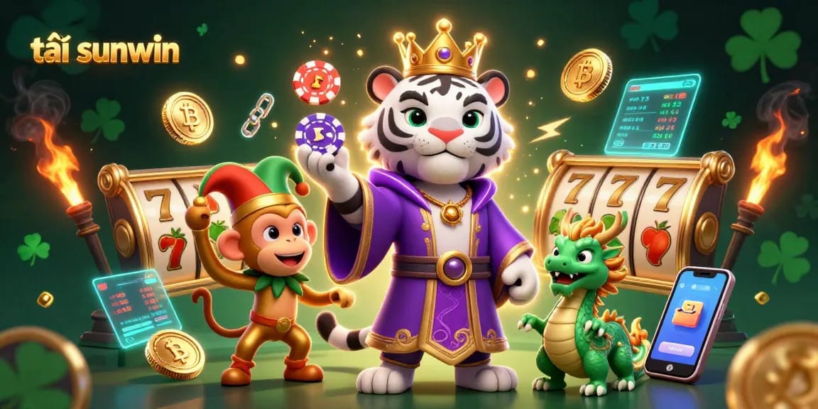 Engage with the vibrant world of tải sunwin featuring a regal tiger and playful monkey amidst lively casino elements.