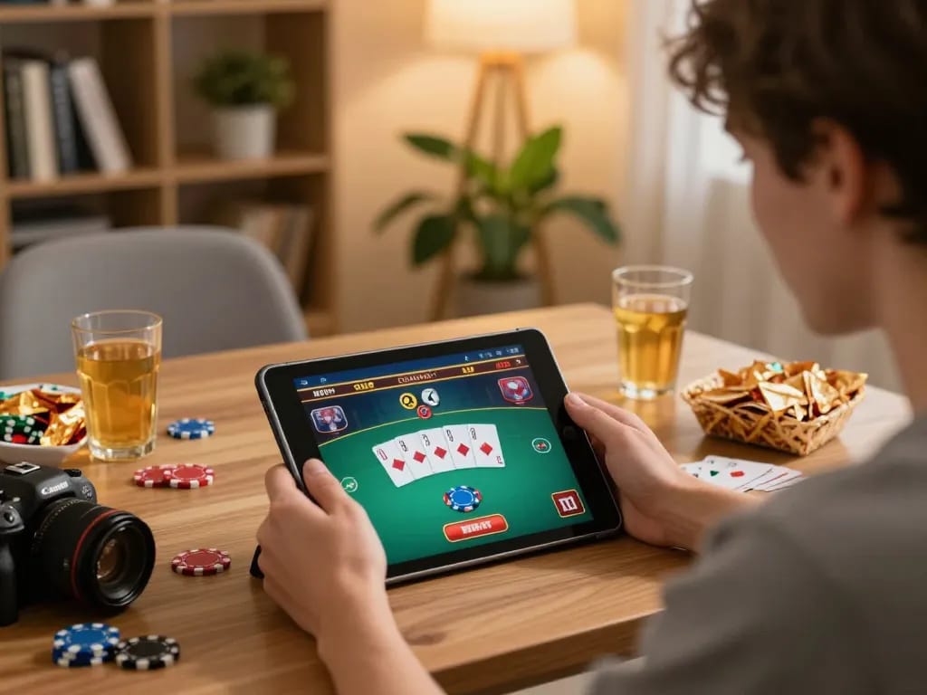 Tải App 98WIN to enjoy an engaging online poker game on a tablet while relaxing at home.