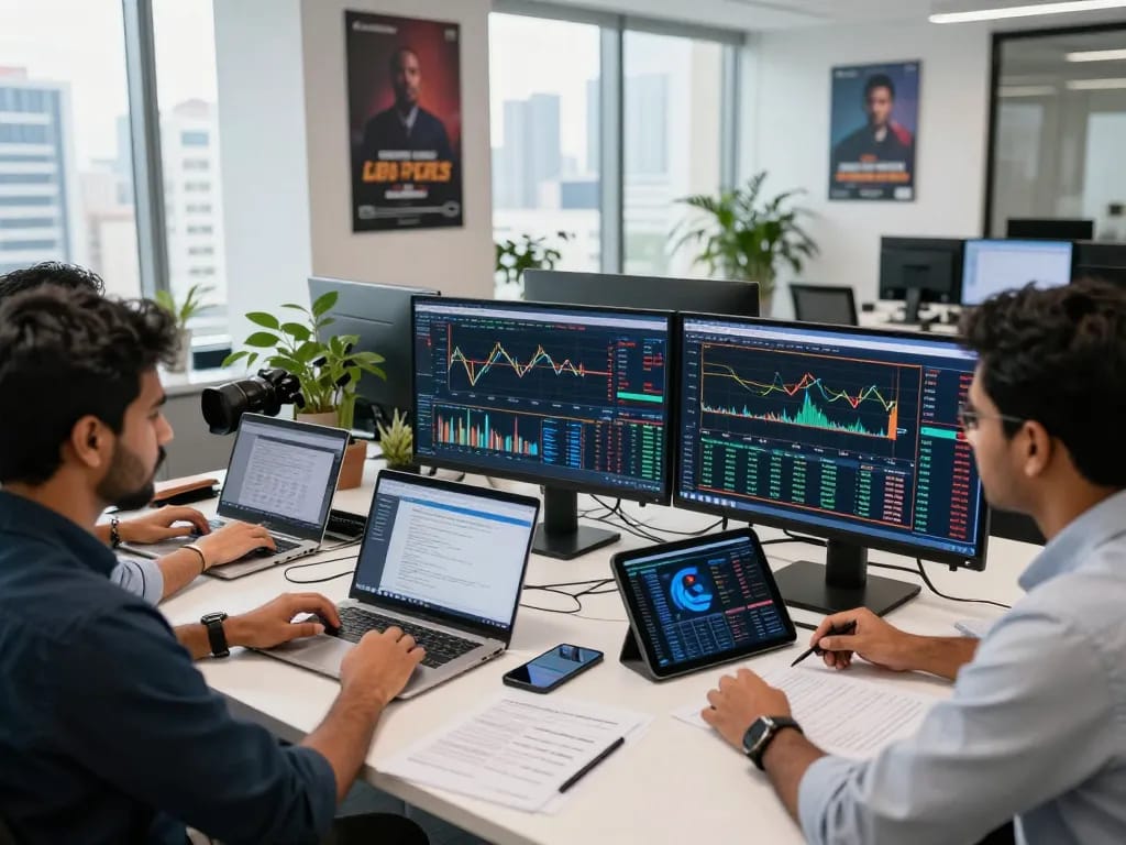 Traders collaborating on platforms for CFD trading in India in a modern financial office.