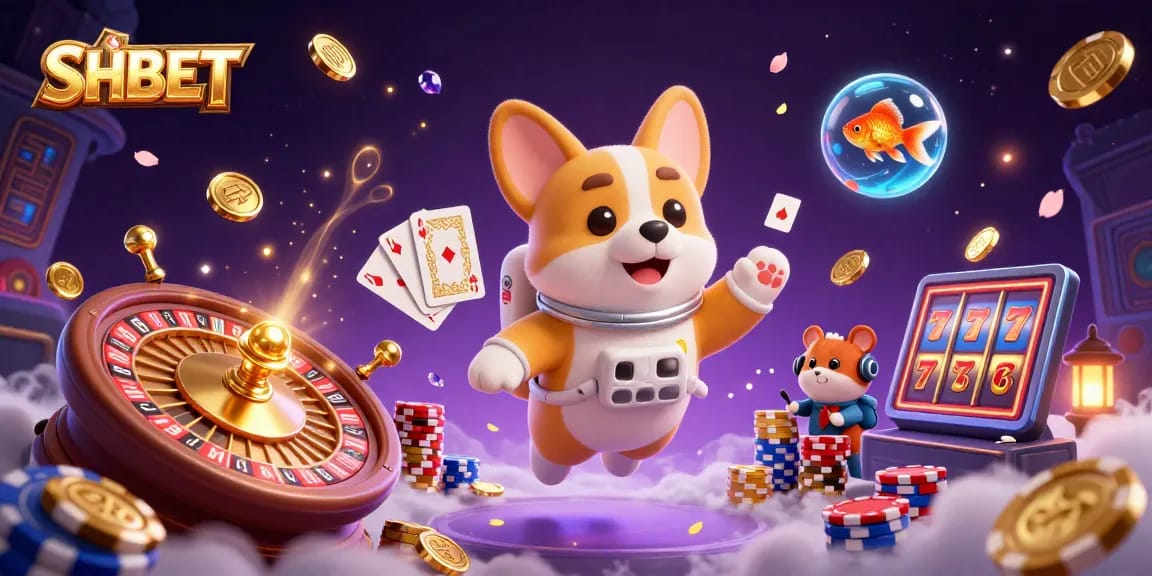 Experience exciting gaming at SHBET with a 3D cartoon space-themed casino scene featuring playful characters.