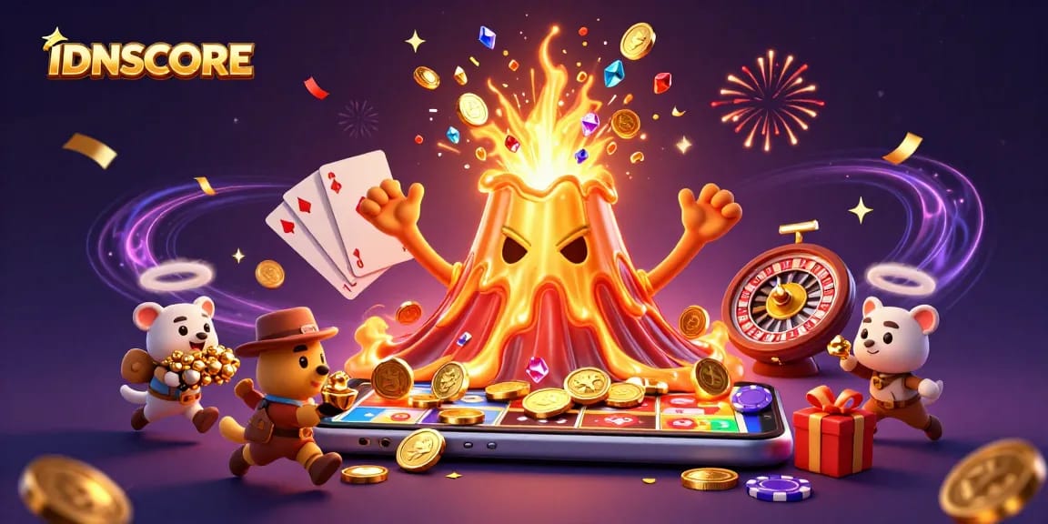 IDNSCORE elevates your gaming with exciting slot adventures and treasure hunting in a vibrant casino scene.