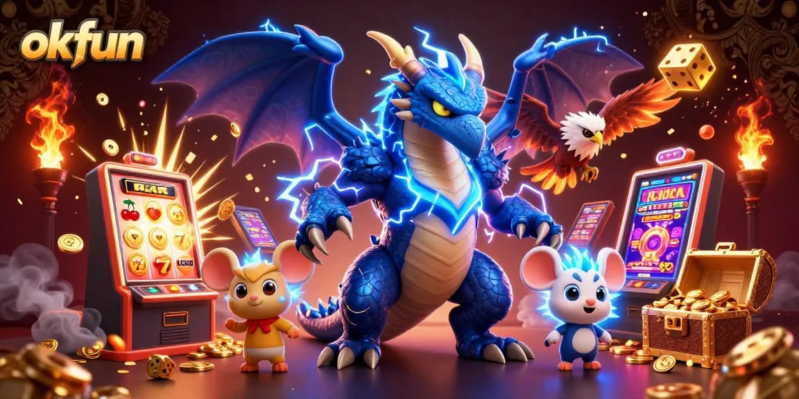 Engage in thrilling slots at okfun with an electric dragon and dynamic casino elements!