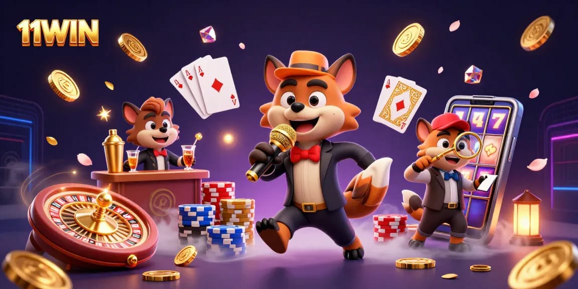 Experience humor and gaming excitement at 11WIN with lively hyenas in a packed casino scene.