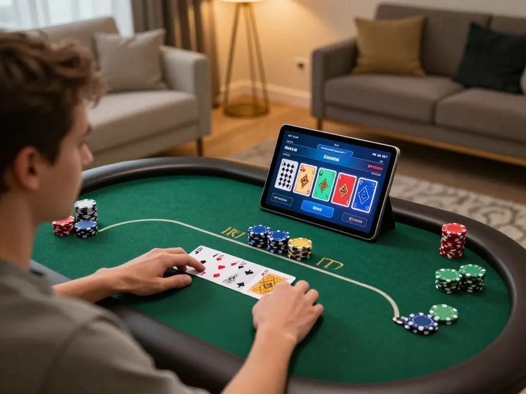 Player enjoying SC88 online poker game on tablet in a cozy setting, highlighting strategic gameplay.