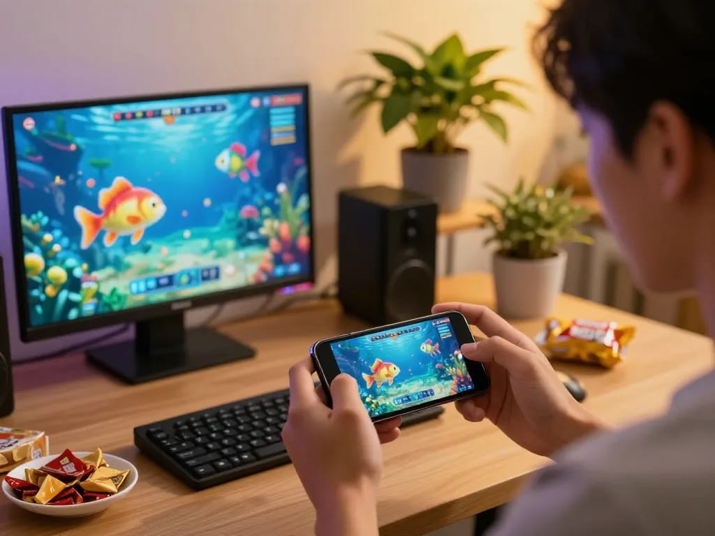 Bắn cá đổi thưởng gameplay showcasing vibrant underwater graphics on a smartphone, engaging player in strategic fun.