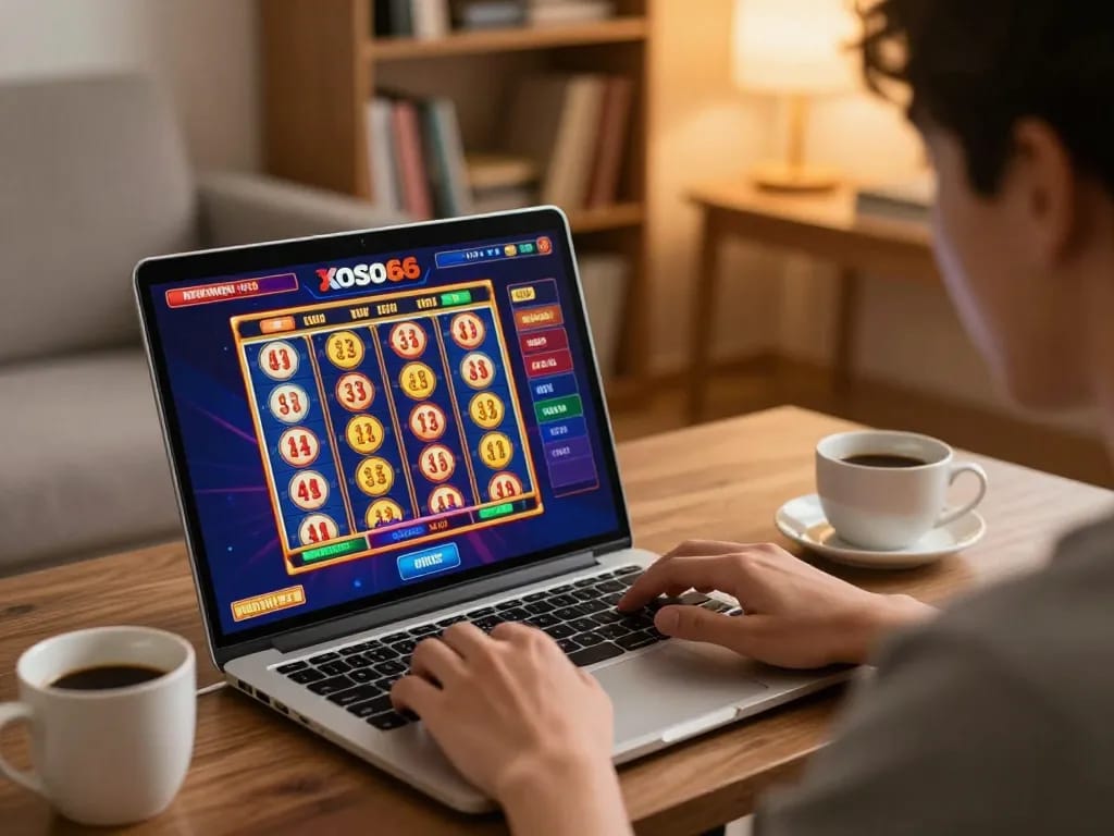 Player enjoying online gaming on xoso66com, with colorful slots displayed on screen.