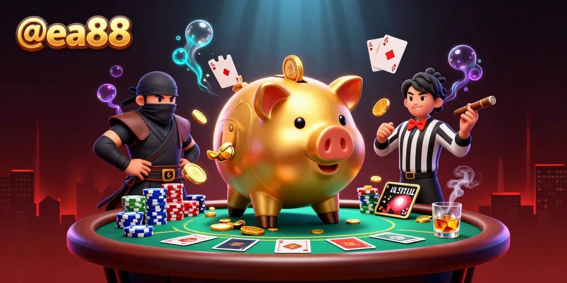 Engage in thrilling action at @ea88, showcasing a sumo wrestler, ninja, and referee in a casino showdown.