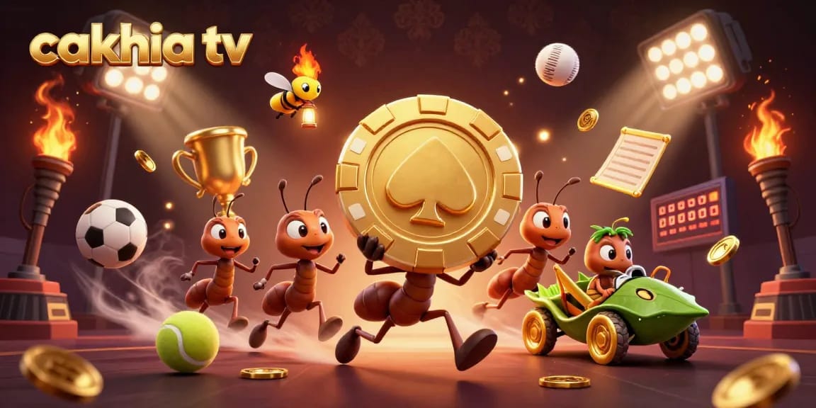 Cakhia TV offers a thrilling gambling experience with ants stealing a golden poker chip amidst sports balls and trophies.