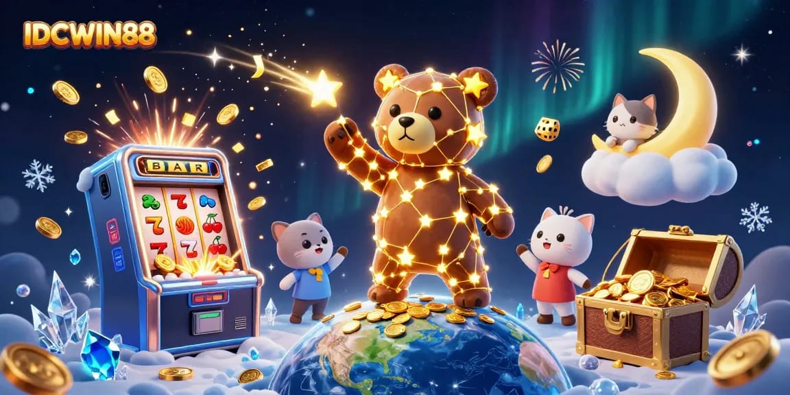 Experience thrilling wins at IDCWIN88 with vibrant slot machines and shooting stars.