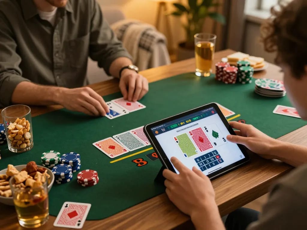 f168 players strategizing in an online blackjack game showcasing focus and engagement in a cozy atmosphere.