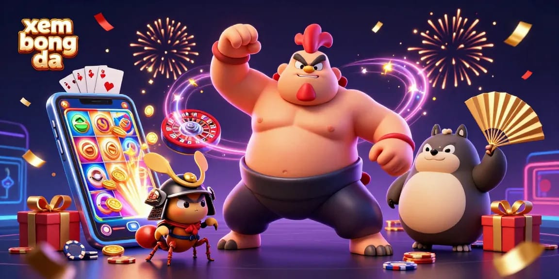 Xem bong da live with engaging characters and exciting gambling-themed elements in a colorful scene.
