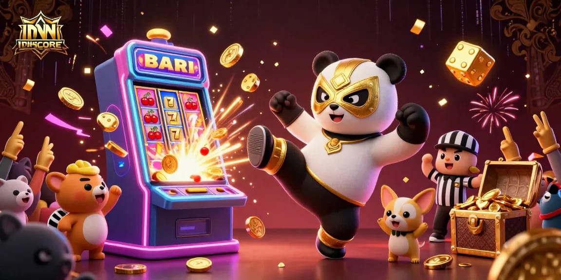 IDNSCORE offers an exhilarating casino experience with a dynamic 3D illustration featuring playful characters and vibrant gaming elements.