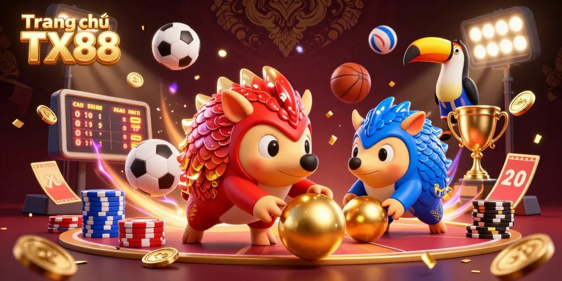 Engage in vibrant gameplay at Trang chủ TX88 with rival pangolins amidst poker chips and sports elements.