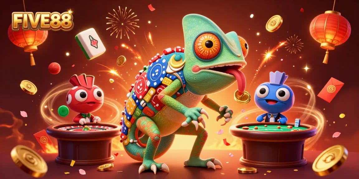 Experience the vibrant casino atmosphere with FIVE88, playful chameleon, and festive elements.