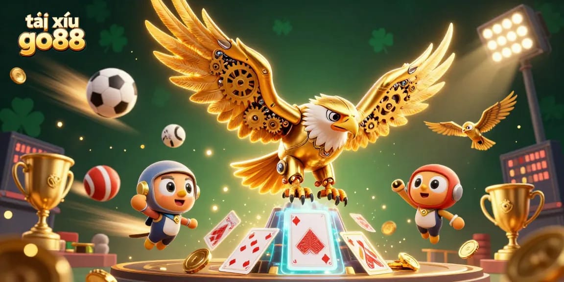 Bet on tài xỉu go88 with a 3D cybernetic eagle showcasing vibrant casino action.