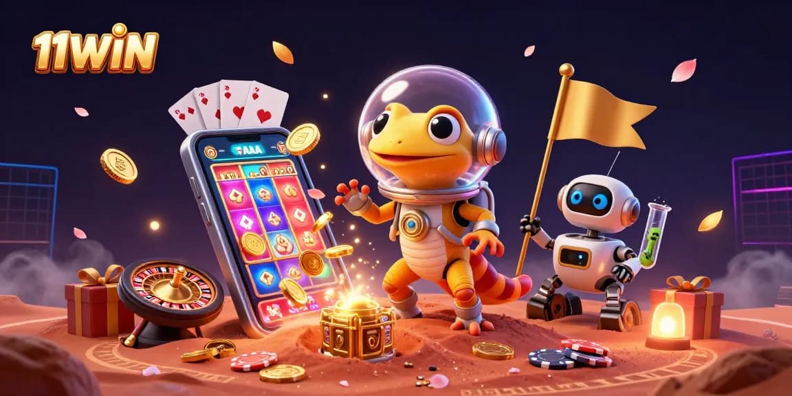 11WIN Martian gecko explores a buried casino with robot sidekick in vibrant 3D scene.
