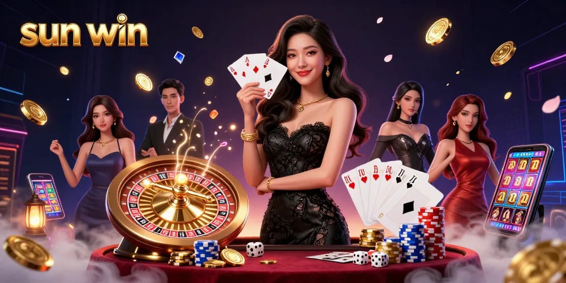 Play and win big at sun win casino with a stunning 3D illustration of a confident woman holding cards.
