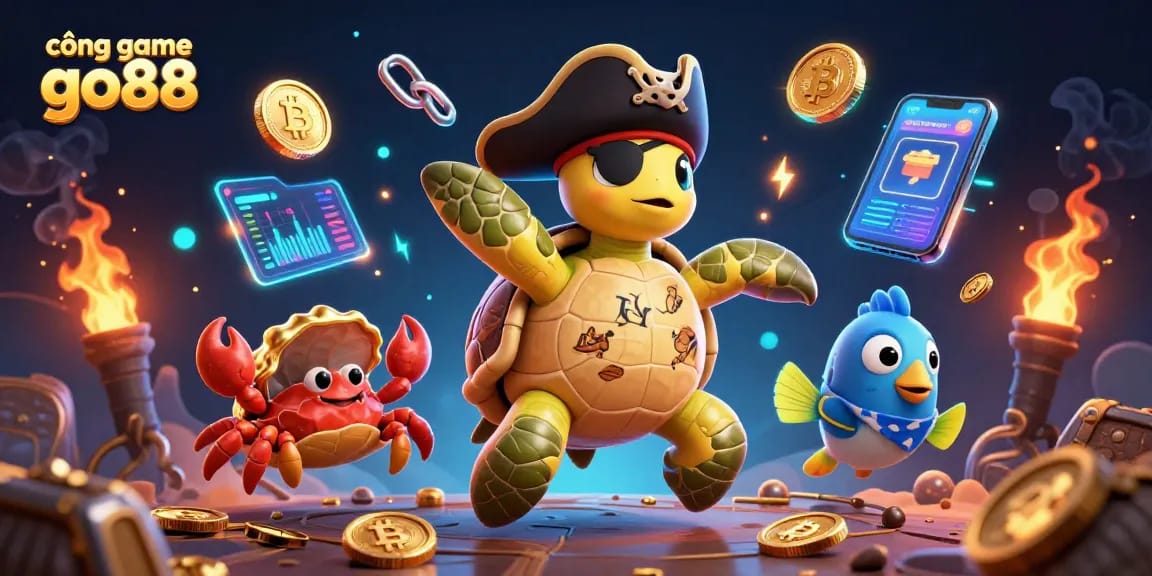 Engage with the cổng game go88's vibrant treasure scene featuring gaming elements and a dynamic pirate theme.