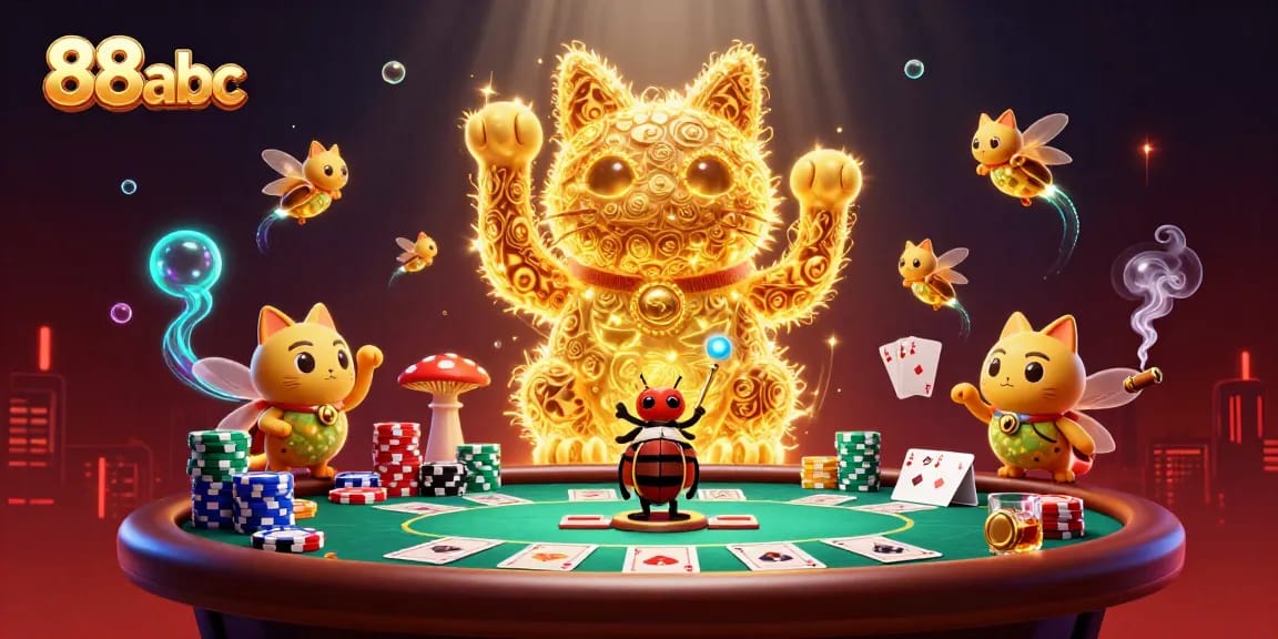 Players engage in exciting games at 88abc amidst vibrant casino elements and a lucky cat.