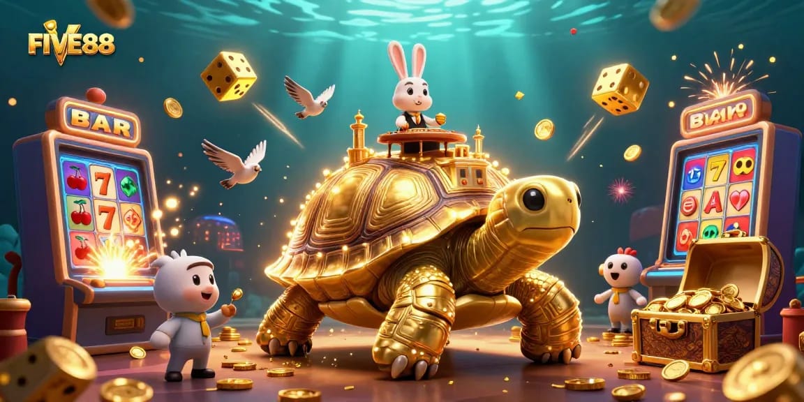 Experience the excitement of FIVE88 with a vibrant 3D casino scene featuring gold coins and dynamic gameplay.