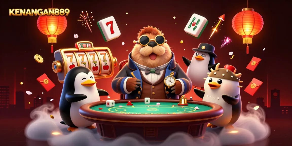 Play vibrant online slots at KENANGAN889 as a walrus, penguin, and pufferfish enjoy a dynamic gaming scene.