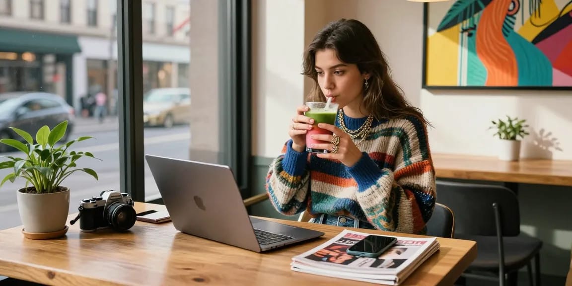 Young woman connecting at a cafe while engaging with https://shs-dome5.com/ and showcasing urban fashion style.