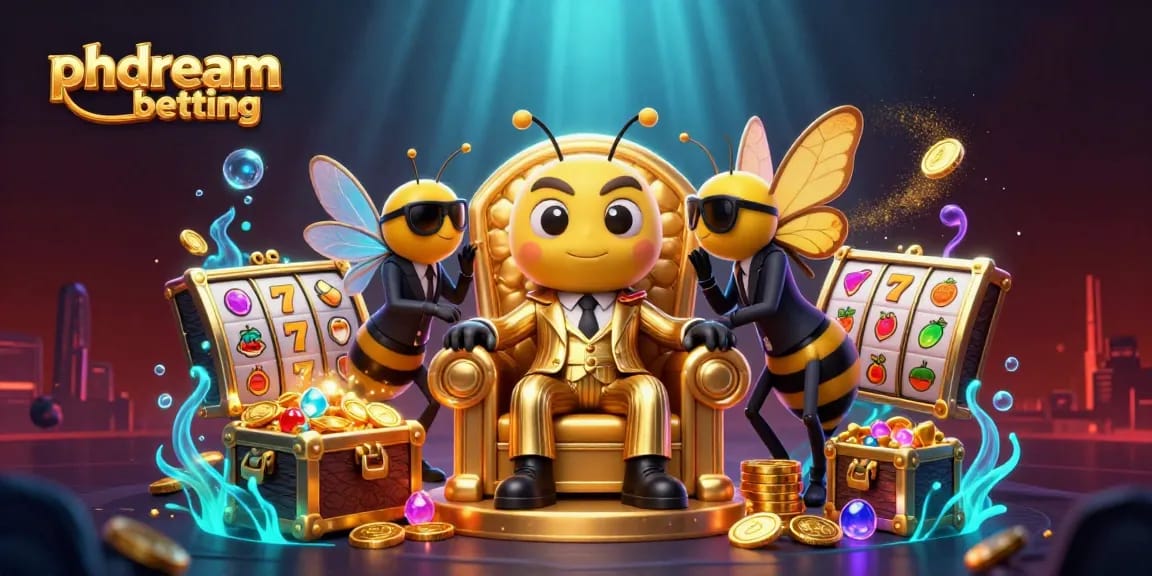 Experience phdream betting excitement with a buzzing mob boss and gaming treasures in a colorful scene.