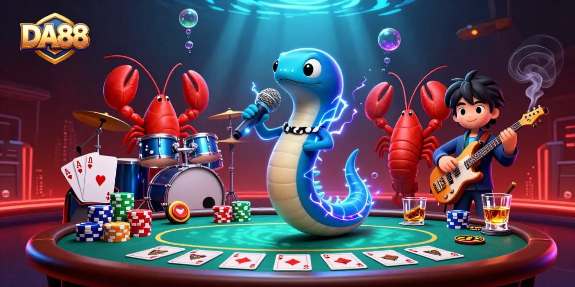 DA88 showcases excitement with a DJ eel, lobster drummer, and seahorse guitarist on a casino stage.