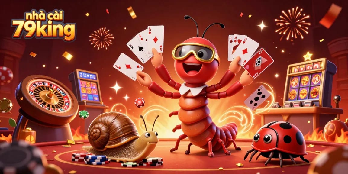 Experience the excitement of nhà cái 79king with a lively 3D casino illustration showcasing fun characters and dynamic gaming elements.