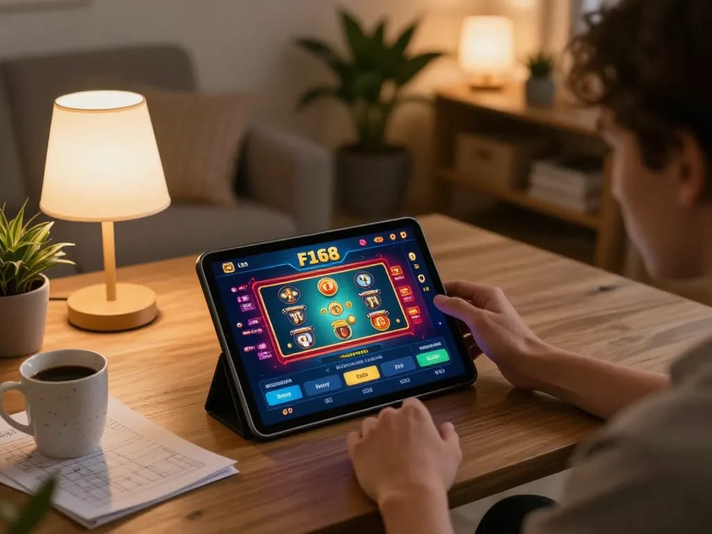 Mobile gaming experience on F168 platform with vibrant casino app interface in cozy setting