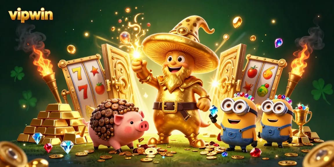 Experience the treasure-filled magic of vipwin in this vibrant 3D illustration featuring whimsical characters and casino elements.