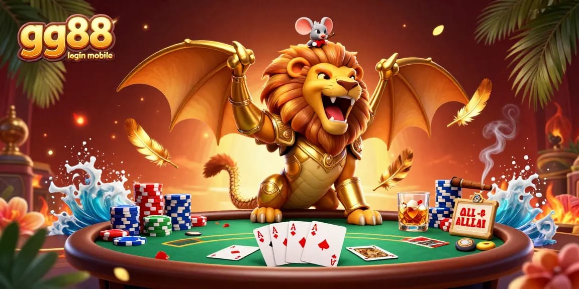 Engage in gg88 login mobile excitement with a vibrant 3D casino scene showcasing poker elements and a mythical creature.