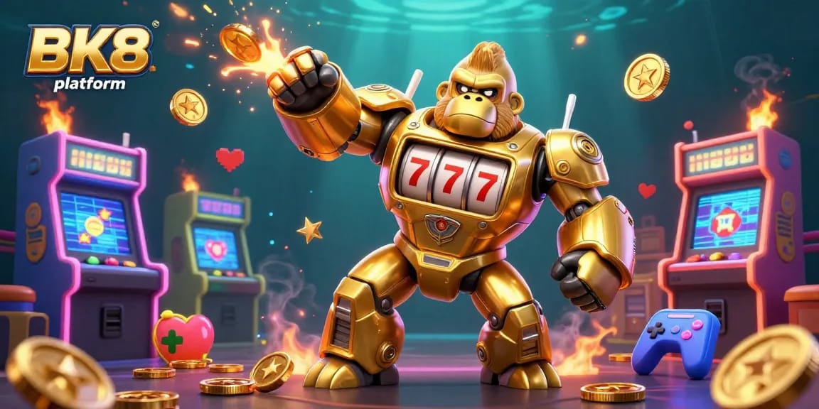 Experience the excitement of the BK8 platform with a dynamic 3D scene featuring a golden gorilla mech amid vibrant casino game elements.