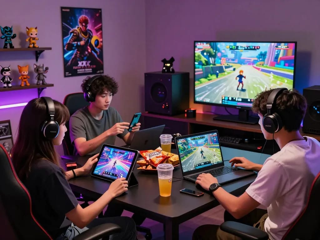 A group enjoying multiplayer xxx games together on various devices in a cozy gaming room.