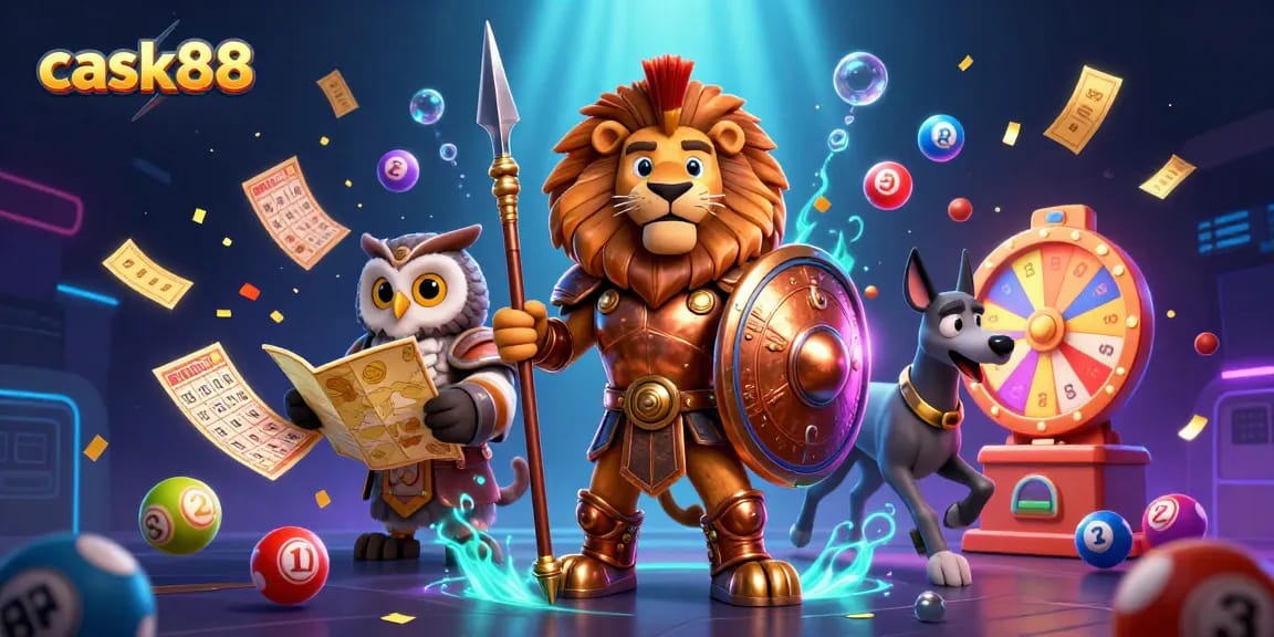Cask88 promotes gameplay excitement with a Spartan lion and owl strategist in a rich, dynamic casino scene.