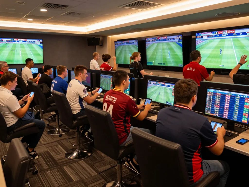 Engaged patrons analyzing odds on keonhacaii at a sports betting lounge during live games