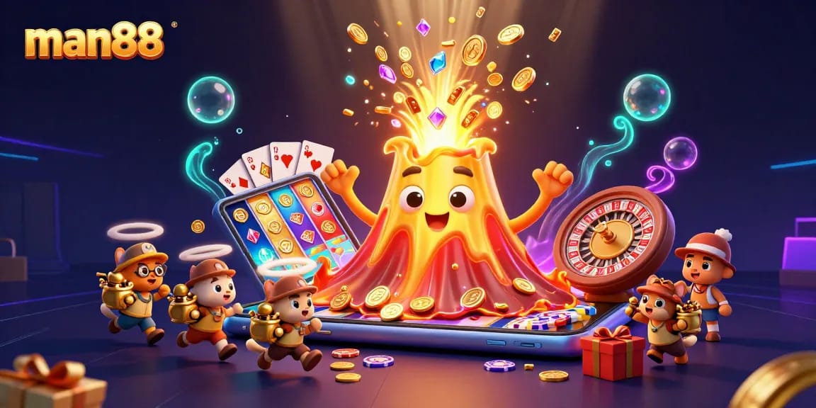 Experience man88's thrilling gaming scene with a vibrant eruption of treasures and dynamic casino elements.
