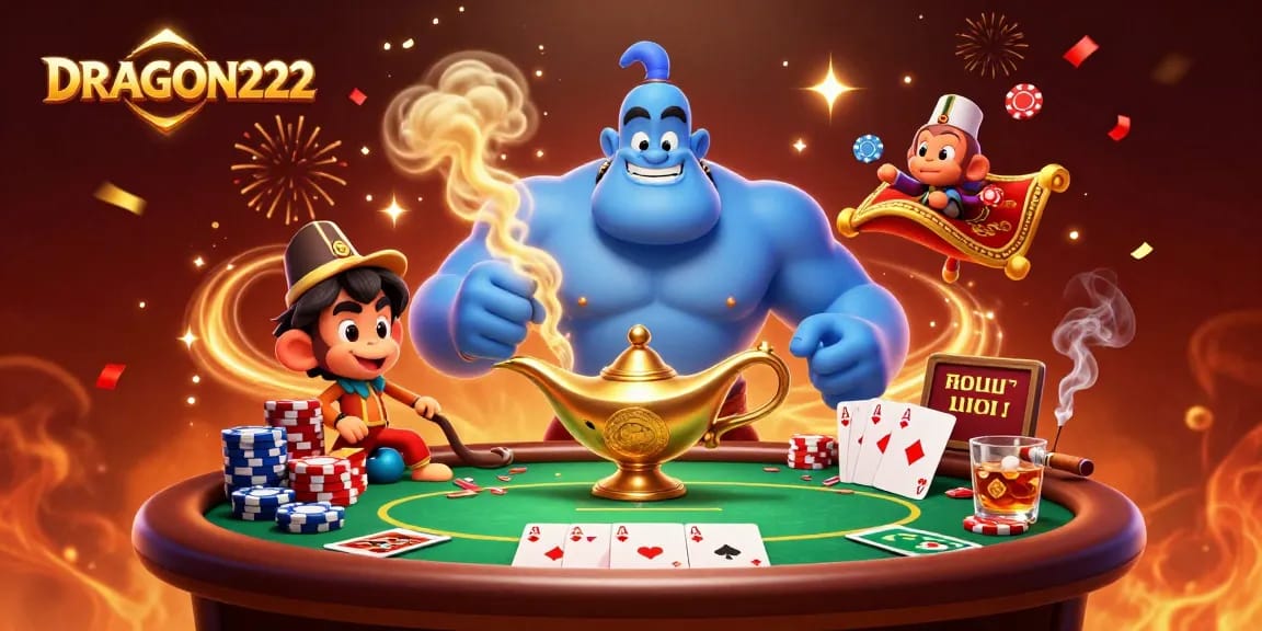 Experience thrilling gameplay at DRAGON222 with magical scenes filled with poker chips and vibrant casino elements.