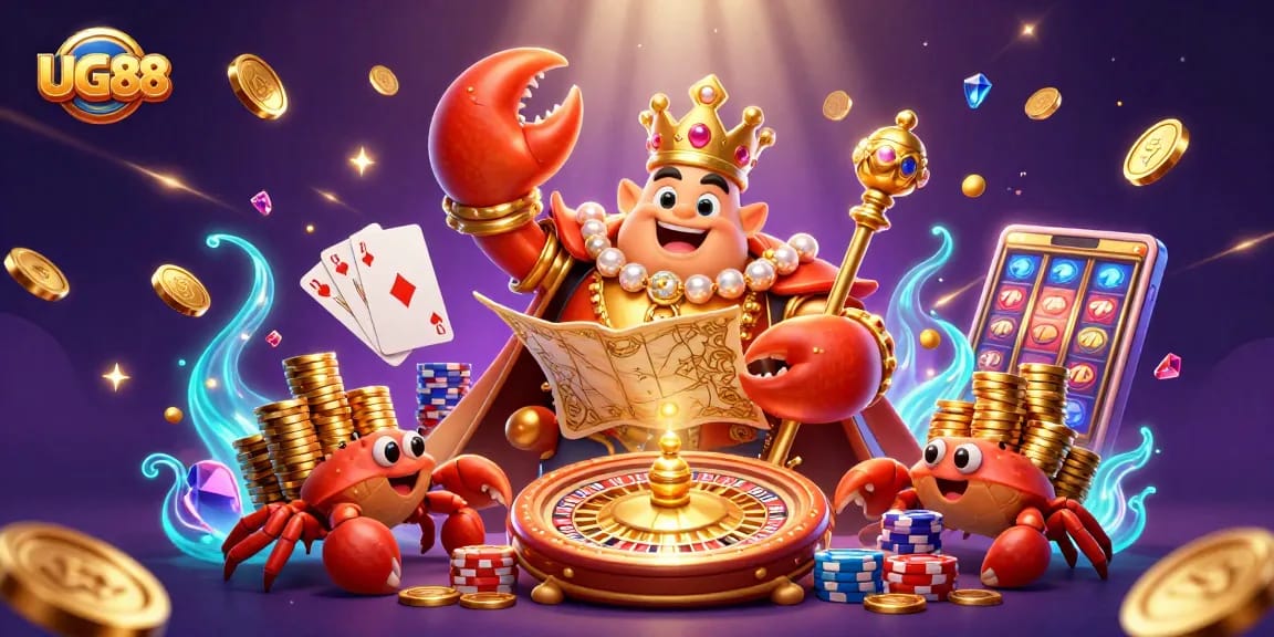 Experience exciting wins at UG88 while encountering a 3D golden crab playing in a rich casino backdrop.