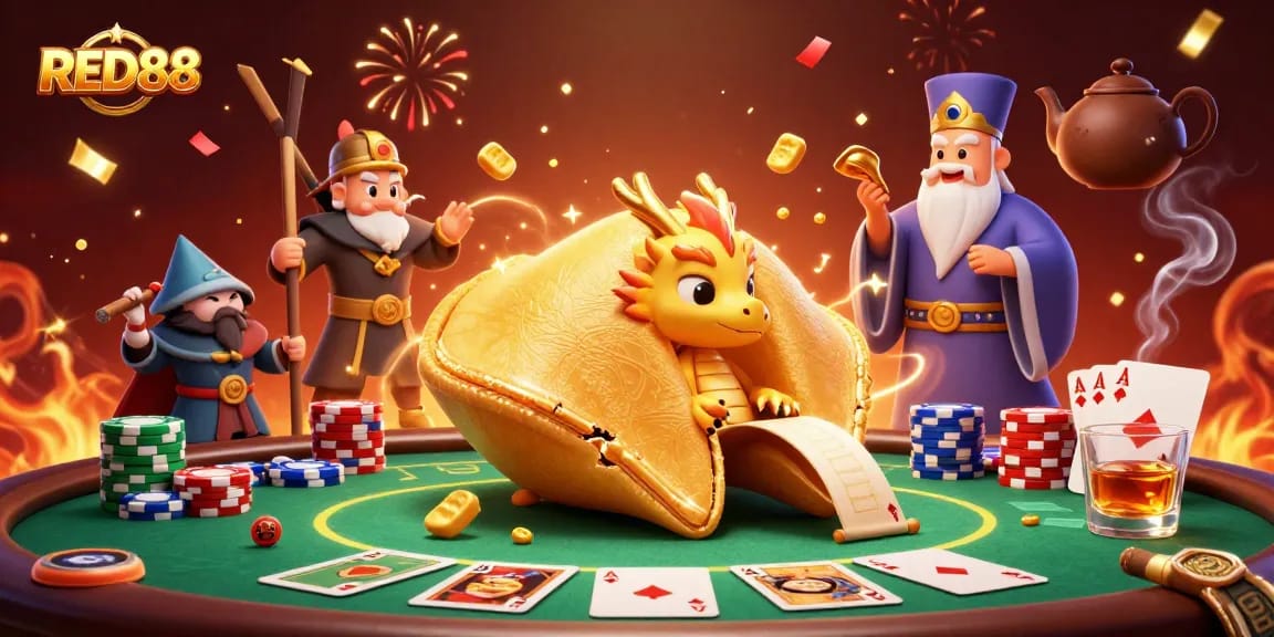 Experience the excitement of RED88 with a vibrant 3D illustration of festive casino elements.