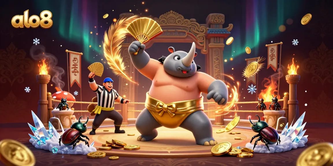 Experience thrilling bets at ALO8 with the sumo beetle champion amidst golden coins and excitement!