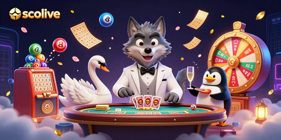 Socolive showcases engaging games with a debonair wolf at the baccarat table, lively animations, and a sophisticated atmosphere.