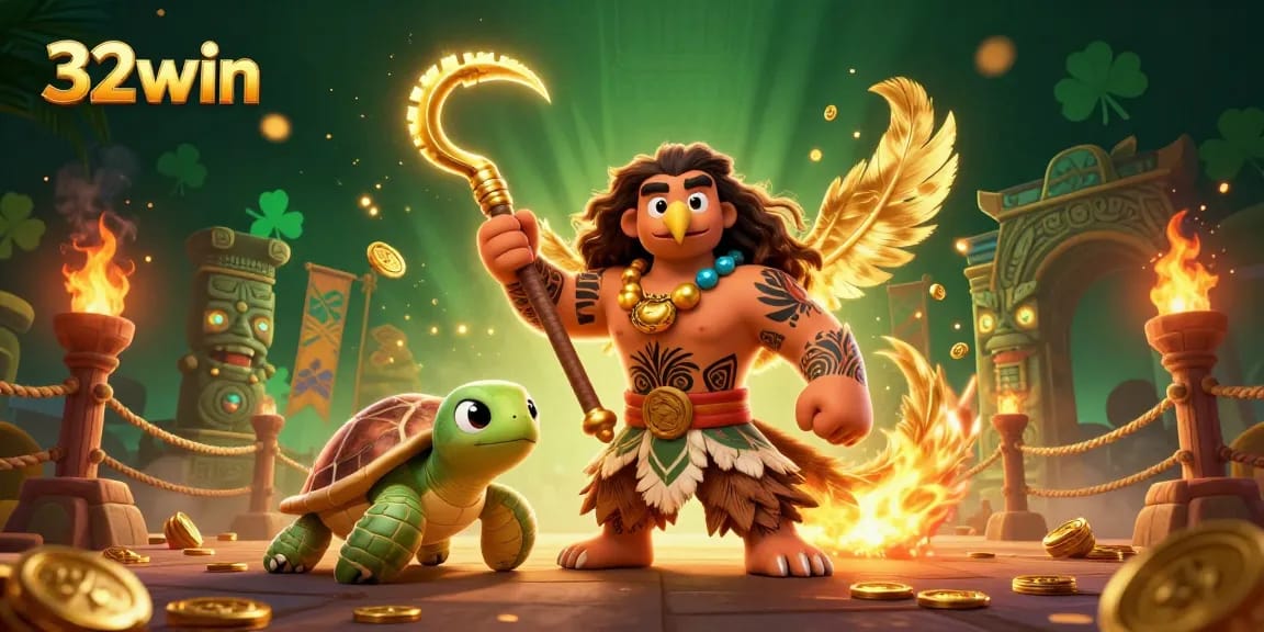 Engage with 32win in a vibrant 3D casino adventure showcasing a demigod and turtle amidst gambling elements.
