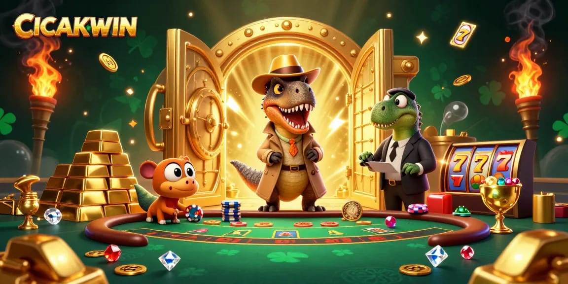 CICAKWIN showcases a velociraptor at a blackjack table amidst dazzling casino elements and treasure