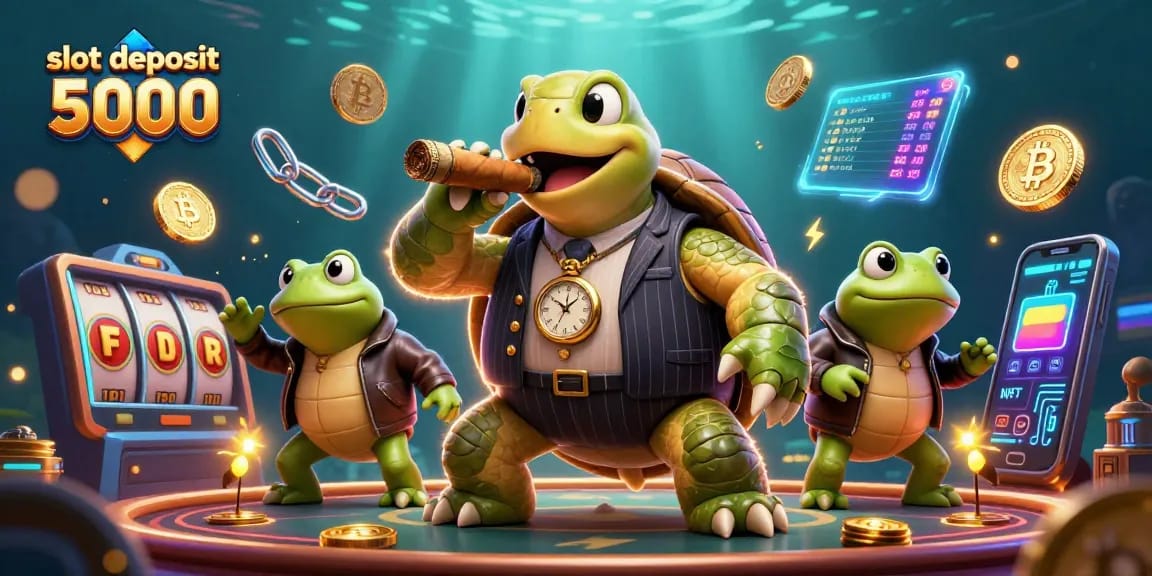 Experience thrilling wins with slot deposit 5000, as a turtle mobster showcases casino treasures.