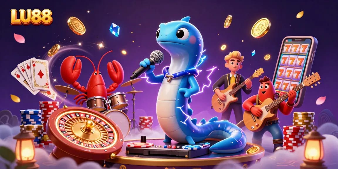 LU88 introduces thrilling underwater casino vibes with a DJ electric eel surrounded by vibrant gaming elements.