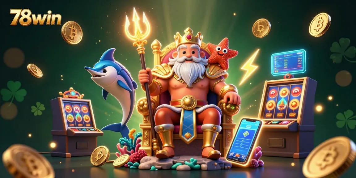 Experience thrilling games at 78win, featuring Neptune and a samurai in a vibrant casino setting.